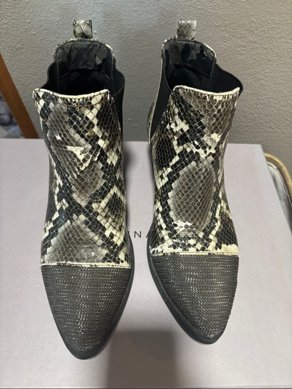 Report Snake-Print Pointed Toe Ankle Boots - Black & Cream
